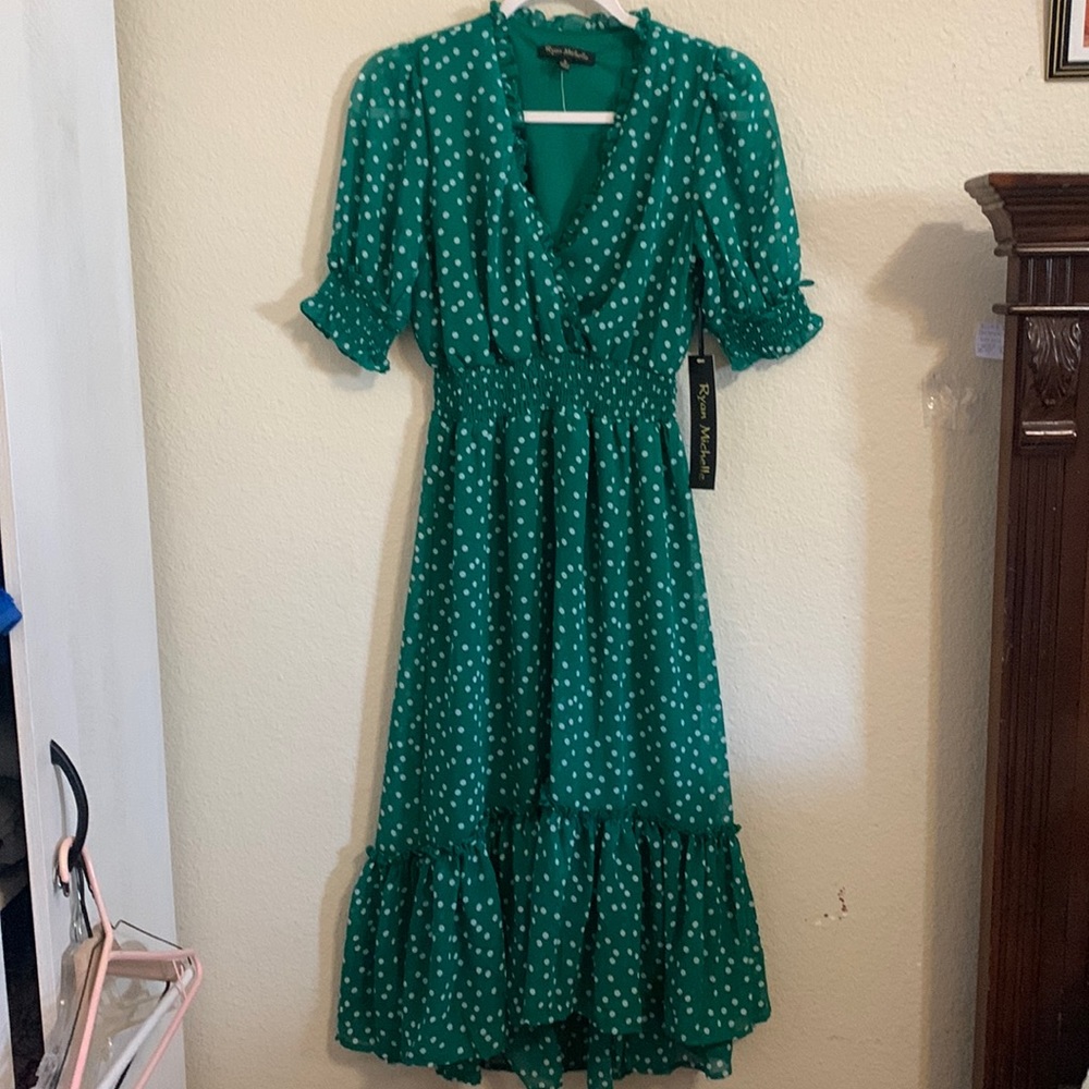 #B00 {NWT} RYAN MICHELLE green polka dots dress